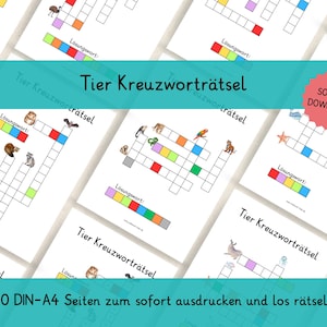 Pode incluir: Uma coleção de palavras cruzadas em papel branco com quadrados coloridos e ilustrações de animais. O texto "Tier Kreuzworträtsel" é exibido em uma faixa turquesa. Um adesivo vermelho diz "SOFORT DOWNLOAD". O texto inferior diz "10 DIN-A4 Seiten zum sofort ausdrucken und los rätseln".