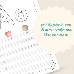 May include: A worksheet for learning the alphabet, featuring uppercase and lowercase letter 'A' with tracing guides. Includes illustrations of an apple and a ball. Text reads: 'perfect for practicing uppercase and lowercase letters'.