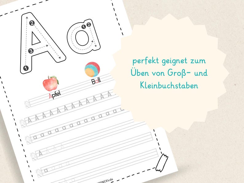May include: A worksheet for learning the alphabet, featuring uppercase and lowercase letter 'A' with tracing guides. Includes illustrations of an apple and a ball. Text reads: 'perfect for practicing uppercase and lowercase letters'.