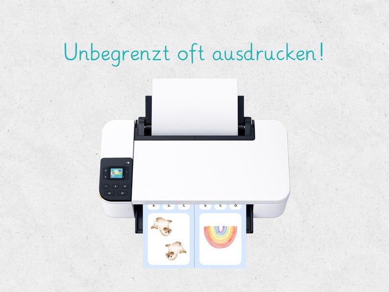 May include: A white printer with a black control panel is printing two cards. One card has two illustrations of a seal, and the other has a watercolor rainbow. The text "Unbegrenzt oft ausdrucken!" is above the printer.