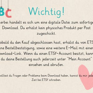 May include: A digital download announcement with the word "Wichtig!" in teal. The text explains the digital file format and download process. A pink heart graphic is at the bottom. ABC letters hang from the top.