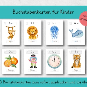 May include: A set of educational alphabet cards for children featuring illustrations of a monkey, lion, jellyfish, whale, orange, clown, clock, and tiger. Each card displays a letter, a corresponding image, and a word. Text includes "Buchstabenkarten für Kinder", "SOFORT DOWNLOAD", and "33 Buchstabenkarten zum sofort ausdrucken und los üben".