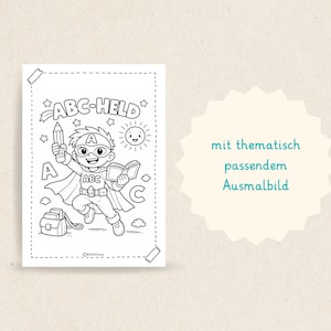 May include: Black and white coloring page featuring a superhero with the text "ABC-HELD". The superhero is holding a pencil and a book, with a sun and stars in the background. A backpack is also included in the image.