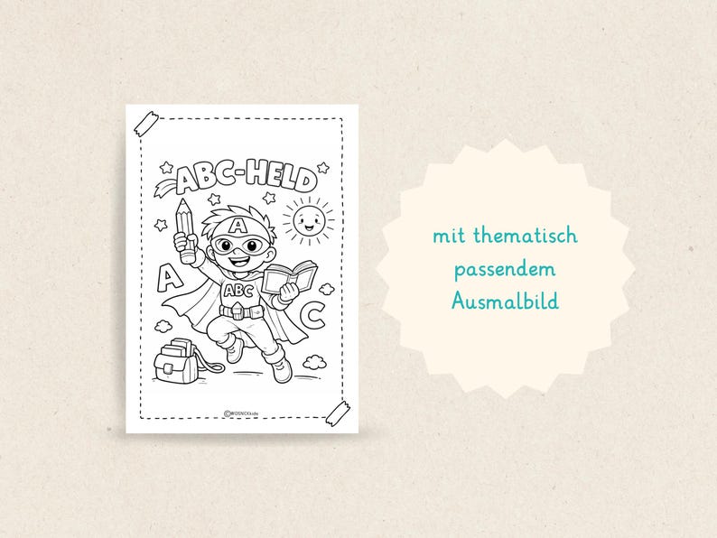 May include: Black and white coloring page featuring a superhero with the text "ABC-HELD". The superhero is holding a pencil and a book, with a sun and stars in the background. A backpack is also included in the image.