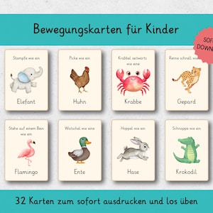 May include: A collection of children's flashcards with animal illustrations, including an elephant, chicken, crab, and cheetah. Each card has a German word and phrase. The text "Bewegungskarten für Kinder" is at the top. The cards are for immediate download.