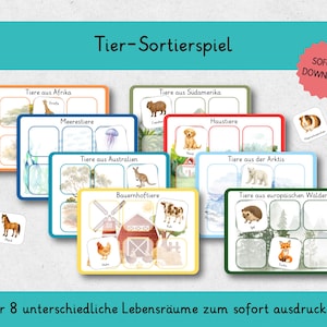 May include: A set of eight educational cards with animal illustrations, including a giraffe, kangaroo, and polar bear. The cards are labeled in German with the title "Tier-Sortierspiel" and the text "SOFORT DOWNLOAD".