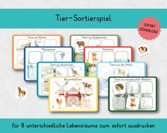 May include: A set of eight educational cards with animal illustrations, including a giraffe, kangaroo, and polar bear. The cards are labeled in German with the title "Tier-Sortierspiel" and the text "SOFORT DOWNLOAD".