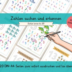 Op de afbeelding: Educatieve printables voor het leren van getallen. De afbeelding toont meerdere pagina's met kleurrijke getallen, illustraties en de tekst "Zahlen suchen und erkennen" en "SOFORT DOWNLOAD". Een hand cirkelt een getal met een pen. De pagina's zijn A4-formaat.