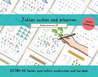 Number Learning 1-20 Worksheets for Children | Number Search & Recognition | Preschool Kindergarten Math Practice | Montessori Learning Materials