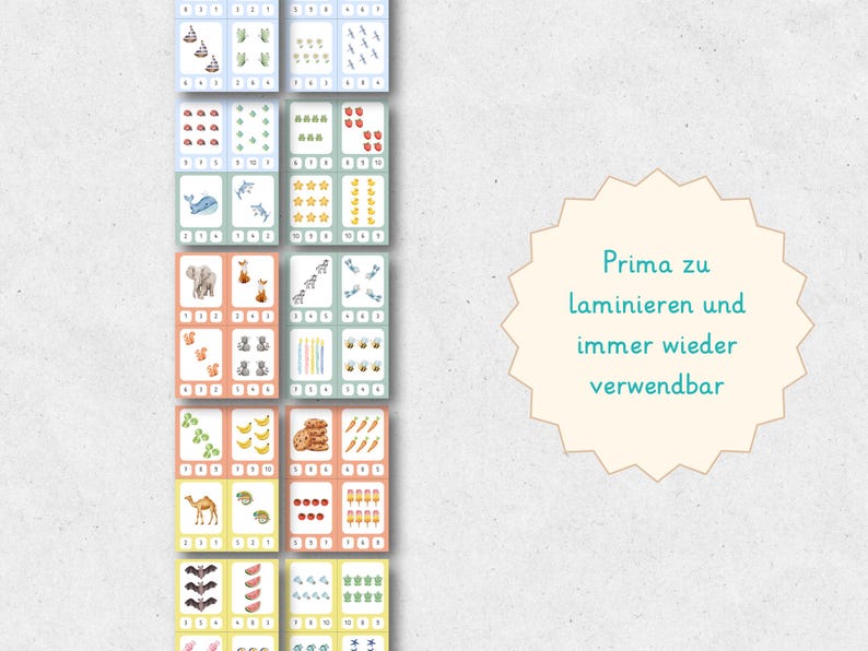 May include: Educational flashcards featuring colorful illustrations of animals, fruits, and objects, paired with corresponding numerical values. The cards are arranged in a grid, with each card displaying a different quantity and image. The text "Prima zu laminieren und immer wieder verwendbar" is also visible.