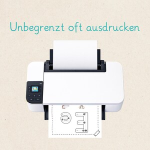 May include: A white printer with a black control panel is printing a black and white drawing of the letter "E". The text "Unbegrenzt oft ausdrucken" is written in teal above the printer.