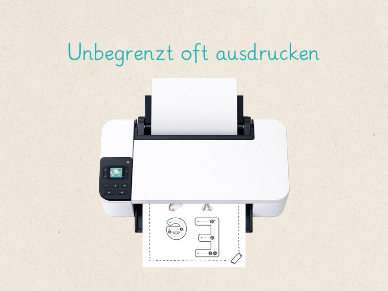 May include: A white printer with a black control panel is printing a black and white drawing of the letter "E". The text "Unbegrenzt oft ausdrucken" is written in teal above the printer.
