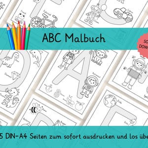 Könnte beinhalten: Eine Sammlung von ausdruckbaren ABC-Malvorlagen. Jede Seite zeigt einen großen Buchstaben mit passenden Illustrationen, wie einem Dinosaurier, einem Delfin und einer Biene. Der Titel "ABC Malbuch" ist mit einem roten "SOFORT DOWNLOAD"-Aufkleber versehen.