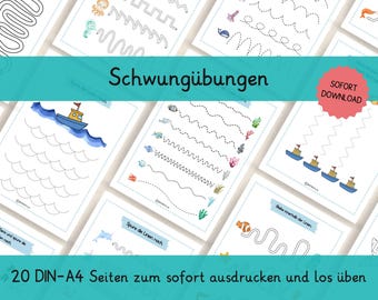 Può includere: Una raccolta di 20 pagine DIN-A4 stampabili con esercizi di tracciamento di linee, con temi acquatici. Le pagine includono illustrazioni di barche, pesci e altre creature marine, progettate per il download e l'uso immediato.