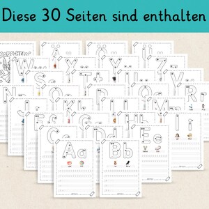 May include: A collection of white paper sheets with the alphabet letters, each with dotted lines for tracing. The text "Diese 30 Seiten sind enthalten" is at the top. The sheets are arranged in a fan shape.