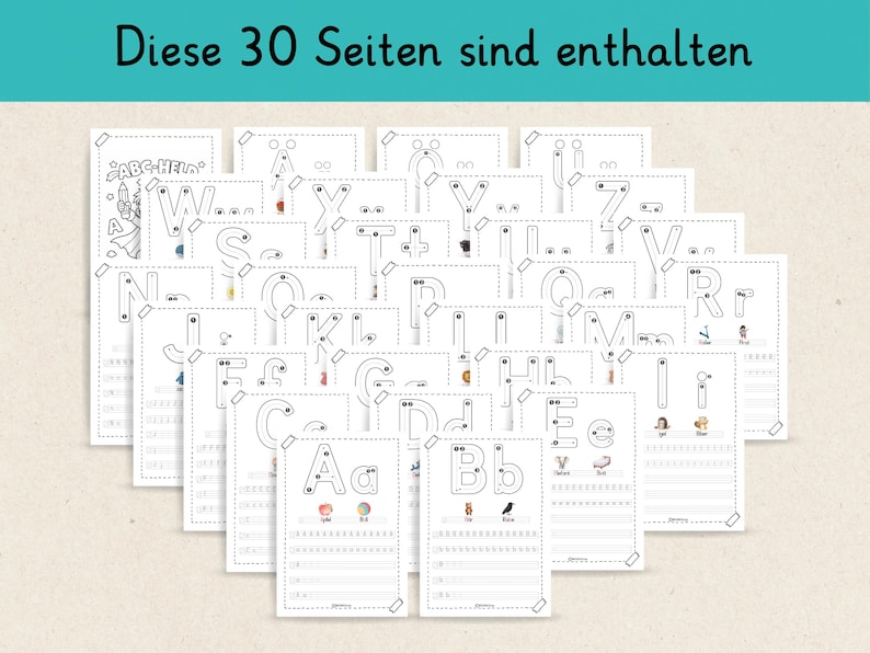 May include: A collection of white paper sheets with the alphabet letters, each with dotted lines for tracing. The text "Diese 30 Seiten sind enthalten" is at the top. The sheets are arranged in a fan shape.