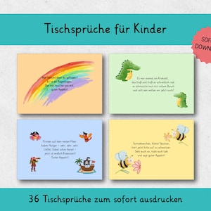 May include: A digital download of four illustrated cards with German text, designed for children. The cards feature colourful illustrations of a rainbow, crocodile, bees, and pirates. The text includes phrases like "Tischsprüche für Kinder" and "Guten Appetit!"