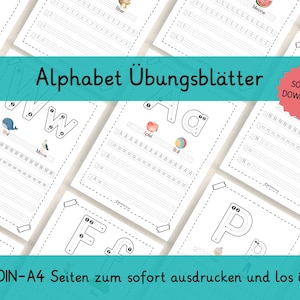 Könnte beinhalten: Eine Sammlung weißer Alphabet-Übungsblätter mit gepunkteten Buchstaben, Illustrationen und dem Text "Alphabet Übungsblätter". Die Blätter sind für den sofortigen Download und Druck konzipiert, mit 30 DIN-A4-Seiten.