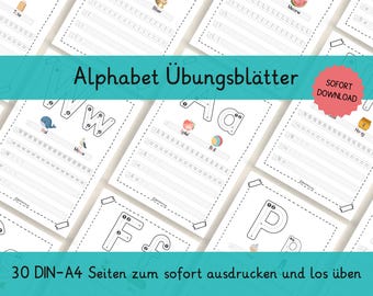 Learn to write the alphabet for children: ABC letters, elementary school worksheet, preschool, kindergarten, tracing, PDF DIN A4 printable version