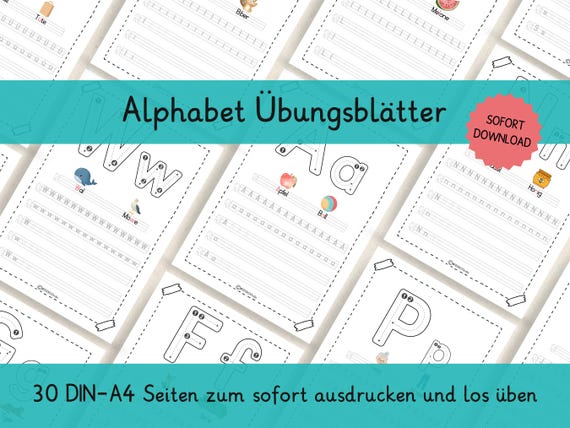 Alphabet schreiben lernen für Kinder ABC Buchstaben Grundschule Arbeitsblatt Vorschule Kindergarten Nachspuren PDF DIN A4 zum Ausdrucken