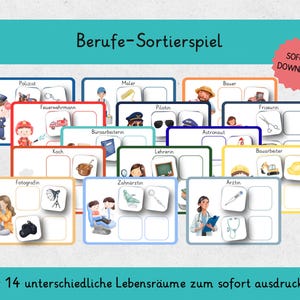 May include: A collection of illustrated career sorting cards. The cards depict professions such as a police officer, firefighter, and astronaut. The text "Berufe-Sortierspiel" is at the top, with "SOFORT DOWNLOAD" on a red sticker. The bottom text reads "für 14 unterschiedliche Lebensräume zum sofort ausdrucken".