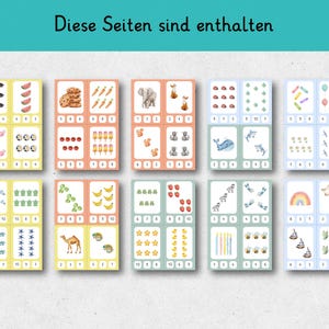 May include: A set of educational flashcards with colorful illustrations of various objects and animals. Each card features a different number of items, from bats and watermelons to cookies and carrots, designed for counting practice. The text "Diese Seiten sind enthalten" is at the top.