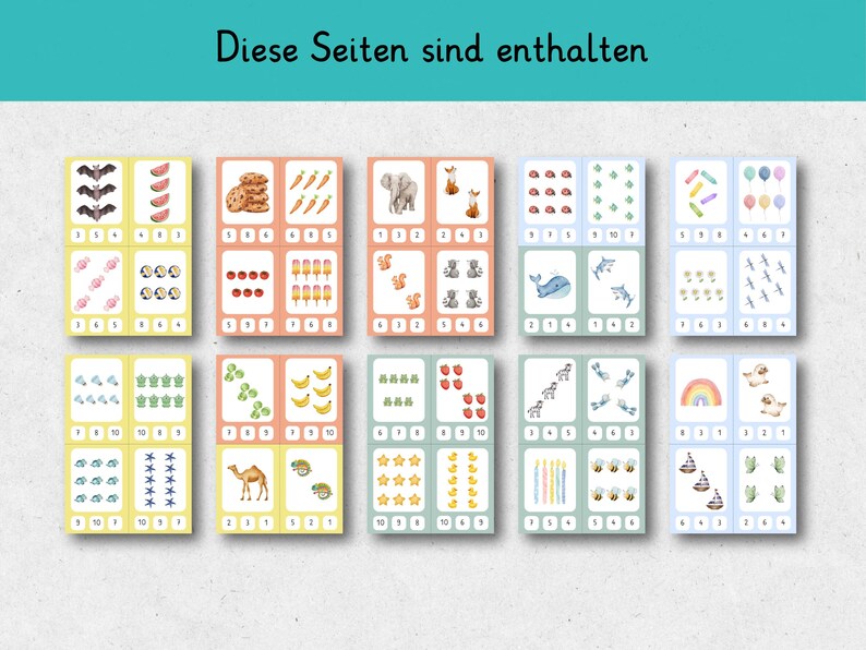 May include: A set of educational flashcards with colorful illustrations of various objects and animals. Each card features a different number of items, from bats and watermelons to cookies and carrots, designed for counting practice. The text "Diese Seiten sind enthalten" is at the top.