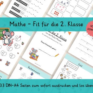 Könnte beinhalten: Eine Sammlung von Mathe-Arbeitsblättern zum Ausdrucken für die zweite Klasse, mit einer Cartoon-Maus und verschiedenen Mathe-Aufgaben. Die Arbeitsblätter umfassen Addition, Subtraktion und Zahlenstrahlen. Der Text auf dem Bild lautet "Mathe - Fit für die 2. Klasse".