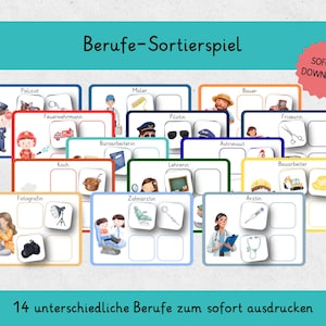 Pode incluir: Um jogo educativo de classificação imprimível intitulado Berufe-Sortierspiel com 14 cartões ilustrados de várias profissões como policial, médico e chef, acompanhados de ícones de equipamentos e um selo rosa SOFORT DOWNLOAD.