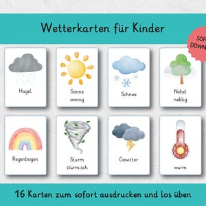 May include: A set of eight weather flashcards for children, each featuring a watercolor illustration of different weather conditions. The cards include images of rain, sun, snow, fog, a rainbow, a tornado, a thunderstorm, and a thermometer.