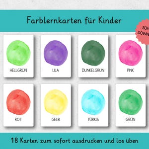 Könnte beinhalten: Ein Set aus Farblernkarten für Kinder mit aquarellartigen Kreisen in verschiedenen Farben wie Hellgrün, Lila, Dunkelgrün, Pink, Rot, Gelb, Türkis und Grün, inklusive deutscher Beschriftung und einem pinken Sofort-Download-Stempel.