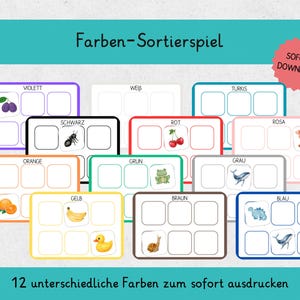 Pode incluir: Um jogo de classificação de cores para imprimir com doze cartões retangulares com bordas coloridas. Cada cartão contém uma etiqueta de cor em alemão e ilustrações de objetos que correspondem a essa cor, como ameixas, cerejas e sapos.