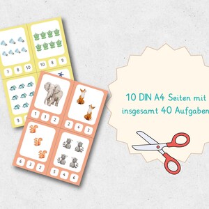 May include: Educational flashcards with illustrations of animals and objects, featuring numbers for counting practice. The cards are in yellow and peach tones. Text on the image reads "10 DIN A4 pages with a total of 40 tasks."