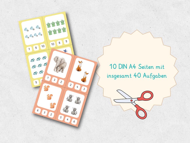 May include: Educational flashcards with illustrations of animals and objects, featuring numbers for counting practice. The cards are in yellow and peach tones. Text on the image reads "10 DIN A4 pages with a total of 40 tasks."