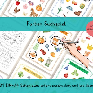 以下が含まれることがあります： 「Farben Suchspiel」と「SOFORT DOWNLOAD」のテキストとカラフルなイラストが特徴の、印刷可能な教育用ワークシートのコレクション。ワークシートには、学習と着色のために設計されたさまざまなオブジェクトとアクティビティが掲載されています。画像には「31 DIN-A4 Seiten zum sofort ausdrucken und los üben」のテキストも含まれています。