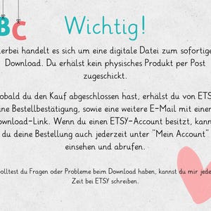 May include: A light-colored background with text in German, including the word "Wichtig!" in teal. Colorful hanging letters spell "ABC." A pink heart is in the lower right corner. The text explains the digital download process.