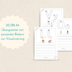 May include: Three white A4-sized worksheets with letter tracing exercises, featuring the letters V, O, and L. Each sheet includes a large and small letter, along with corresponding images like a bird, a lion, and a watermelon. The text reads "30 DIN A4 &Uuml;bungsseiten mit passenden Bildern zur Visualisierung."