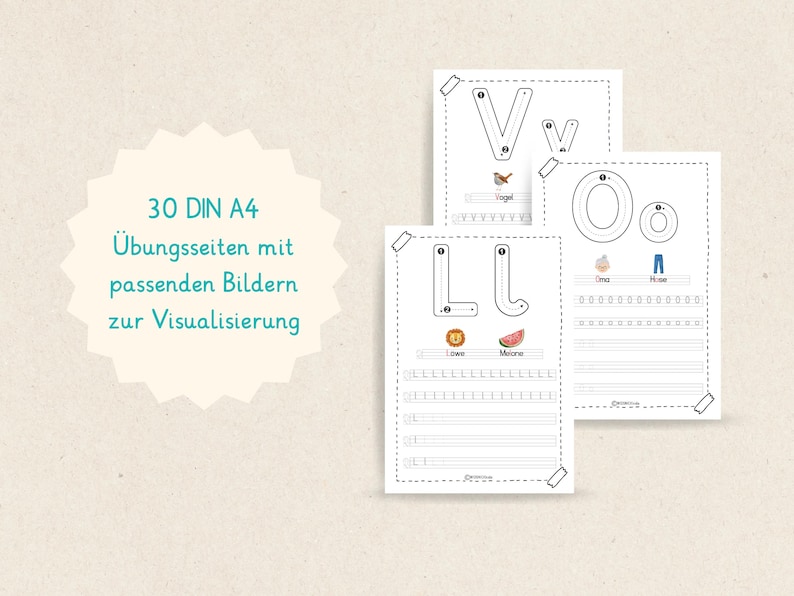 May include: Three white A4-sized worksheets with letter tracing exercises, featuring the letters V, O, and L. Each sheet includes a large and small letter, along with corresponding images like a bird, a lion, and a watermelon. The text reads "30 DIN A4 &Uuml;bungsseiten mit passenden Bildern zur Visualisierung."