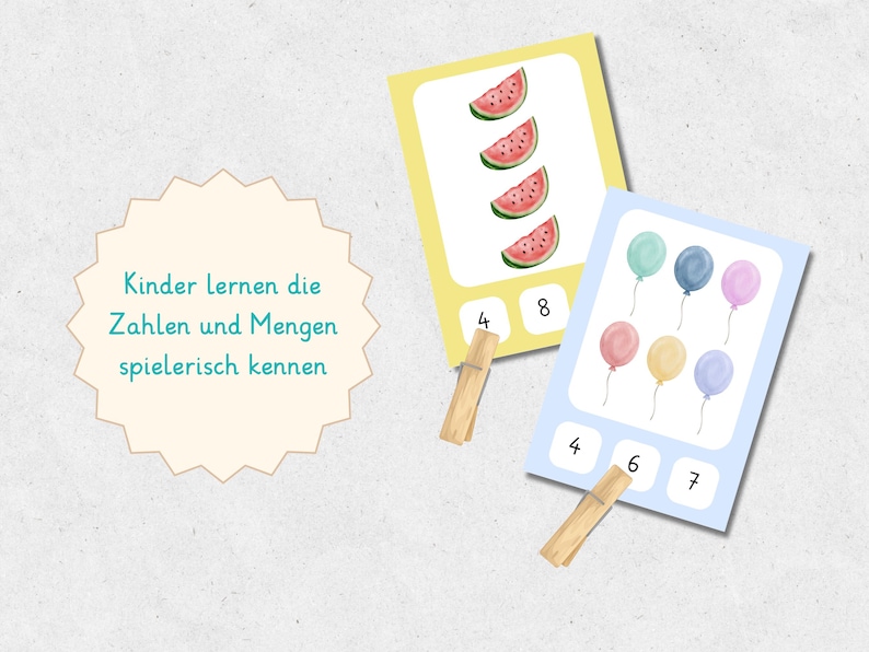 May include: Educational cards for children featuring watercolor illustrations of watermelon slices and balloons. The cards have numbers and wooden clothespins. The text on the image says "Kinder lernen die Zahlen und Mengen spielerisch kennen."