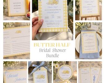 May include: A selection of bridal shower stationery, featuring a yellow and white gingham design with blue details. Items include invitations, signs, place cards, and cupcake toppers. The theme is "Butter Half".
