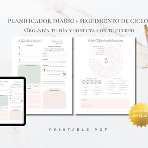 May include: A printable PDF planner with daily and cycle tracking pages. The design includes a digital tablet, two sheets of paper with text and graphics, and a gold pen. The text includes "Daily Planner + Cycle Tracking" and "Organize your day and connect with your body."