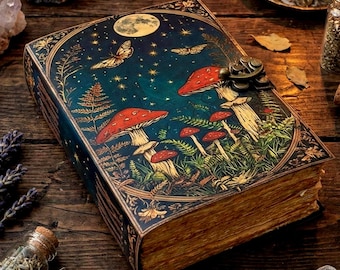 Mushroom Leather Journal, Handmade Grimoire with Deckle Edge Paper Book of Shadows Notebook