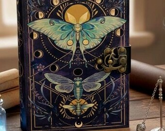 Luna Moth Butterfly Leather Journal, Handmade Grimoire with Deckle Edge Paper, Witchcraft Spellbook