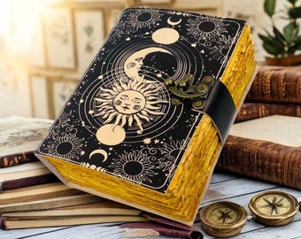 Celestial Sun & Moon Leather Journal, Vintage Moon Phase Grimoire, Book of Shadows, Magic Spellbook