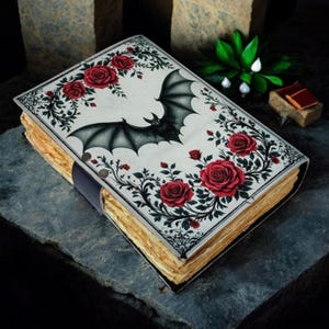 May include: A decorative journal with a bat illustration and red roses on the cover. The journal has a black leather strap and aged-looking pages. The cover design features a black bat with outstretched wings, surrounded by red roses and green foliage.
