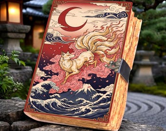 Kitsune Nine Tailed Fox Leather Journal, Handmade Deckle Edge Paper Grimoire, Ukiyo-e Blank Notebook