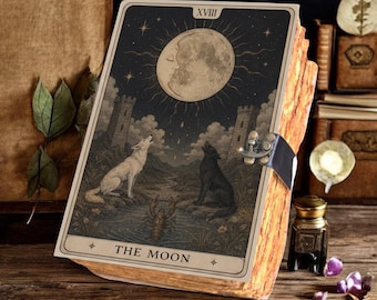 The Moon Tarot Journal, Arcana Notebook with Wolf and Crayfish Cover, Gothic Grimoire, Witchcraft Spellbook
