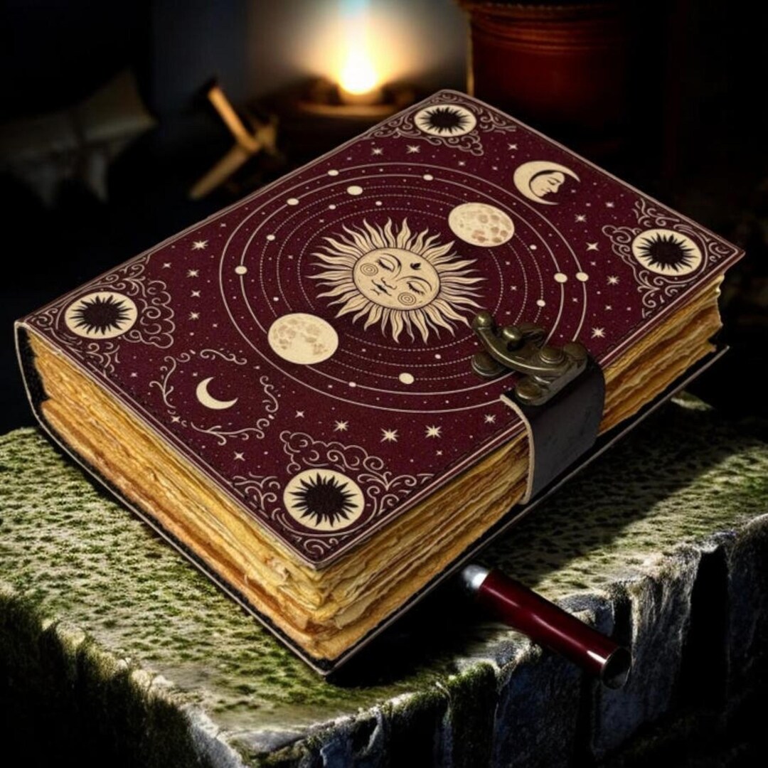 Sun and Moon Leather Journal, Handmade Deckle Edge Paper Grimoire ...