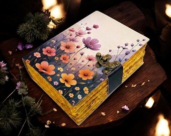 Floral Leather Journal with Brass Lock, Wildflower Deckled Edge Notebook, Magical Grimoire Gift