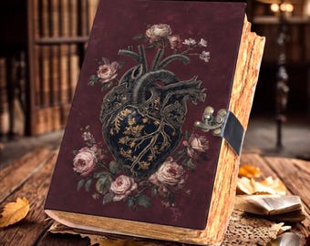 Heart Leather Journal, Witchcraft Grimoire, Gothic Floral Sketchbook, Book of Shadows